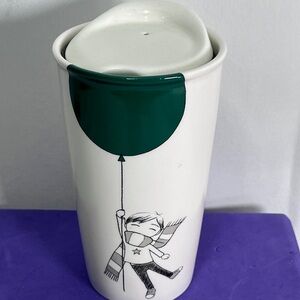 Rare ⭐️STARBUCKS 2014 White Ceramic 12 fl oz Travel Mug Boy Green Balloon Design